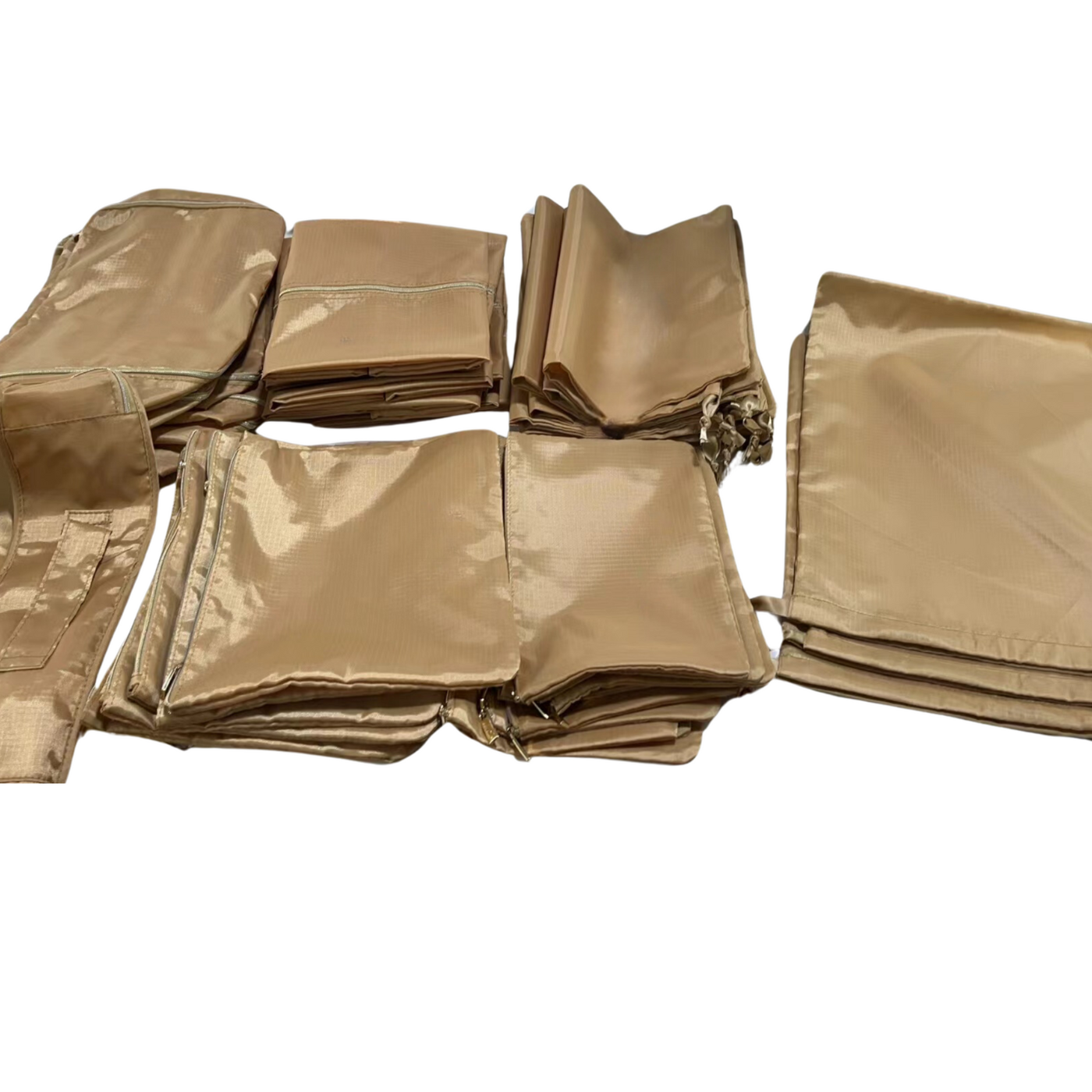 Gold 7‑piece travel organizer set, overhead view