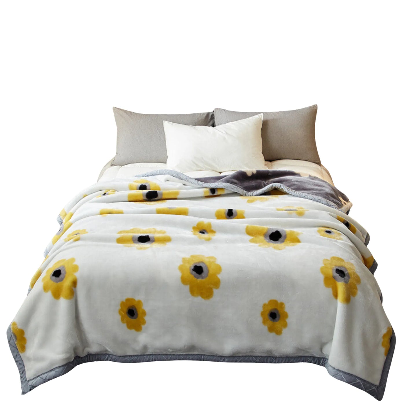 SilkenWarmth Raschel blanket, sunflower-style yellow flowers, draped displa