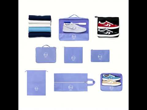 Purple 7‑piece travel organizer set, overhead layout with all seven bags